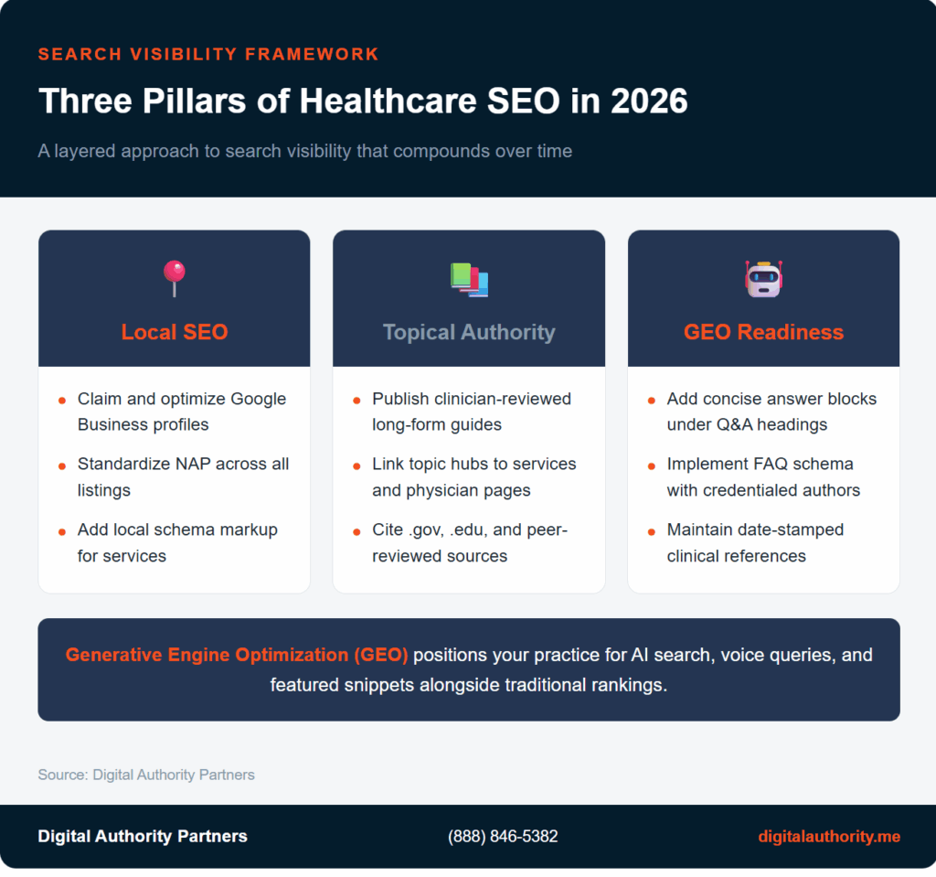 Three-pillar healthcare SEO framework showing local SEO topical authority and generative engine optimization strategies
