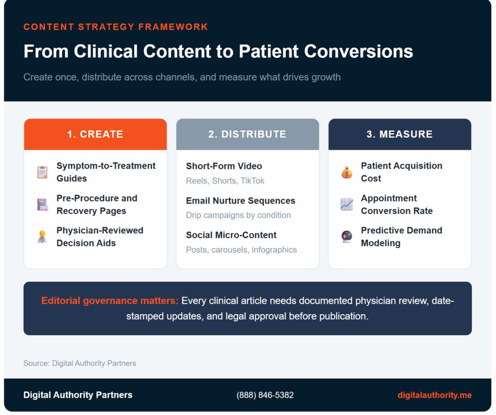 Content strategy framework showing create distribute and measure workflow for healthcare marketing