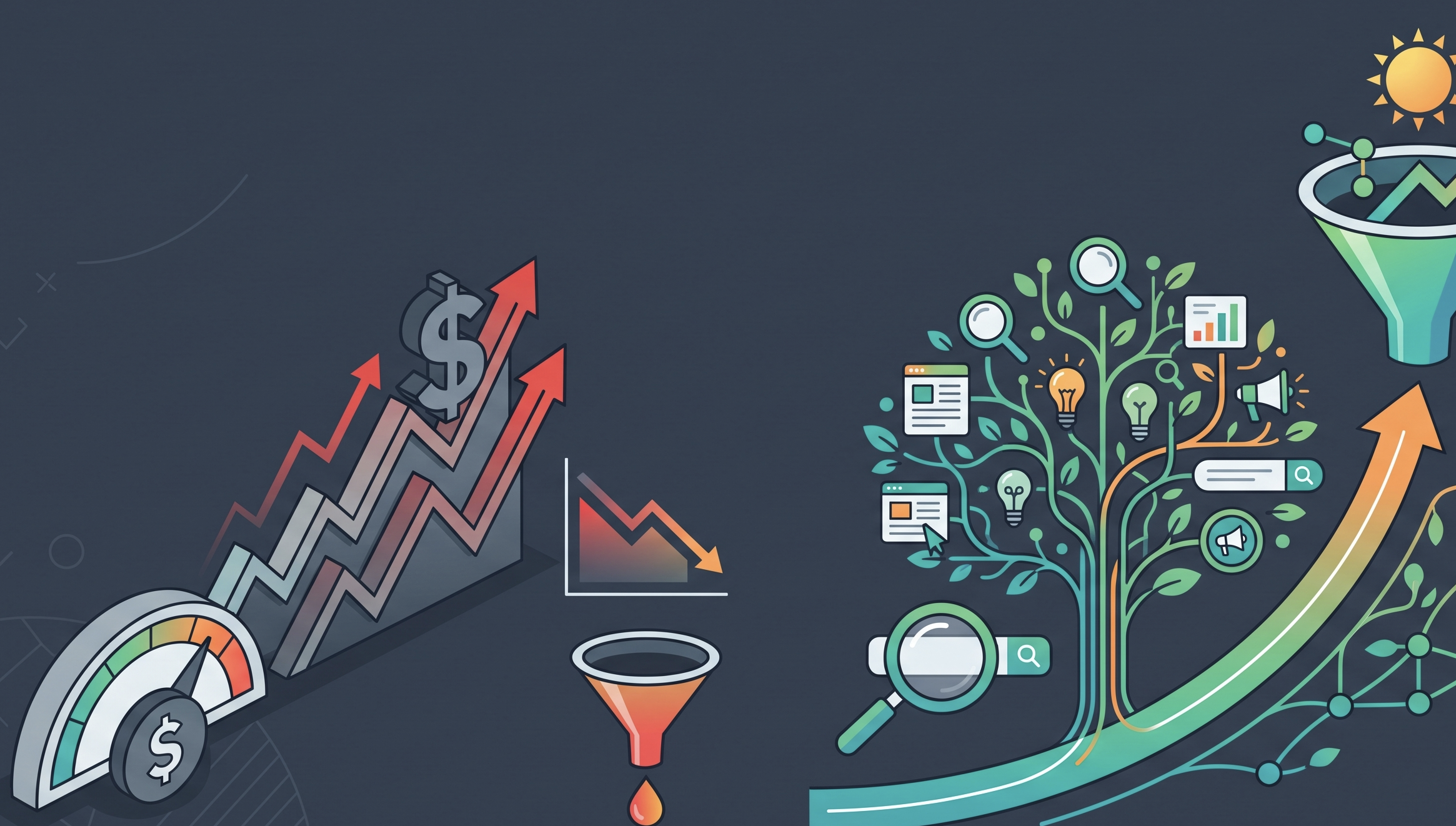 Vector illustration contrasting rising paid ad costs with compounding organic search growth represented by a glowing green icon tree.