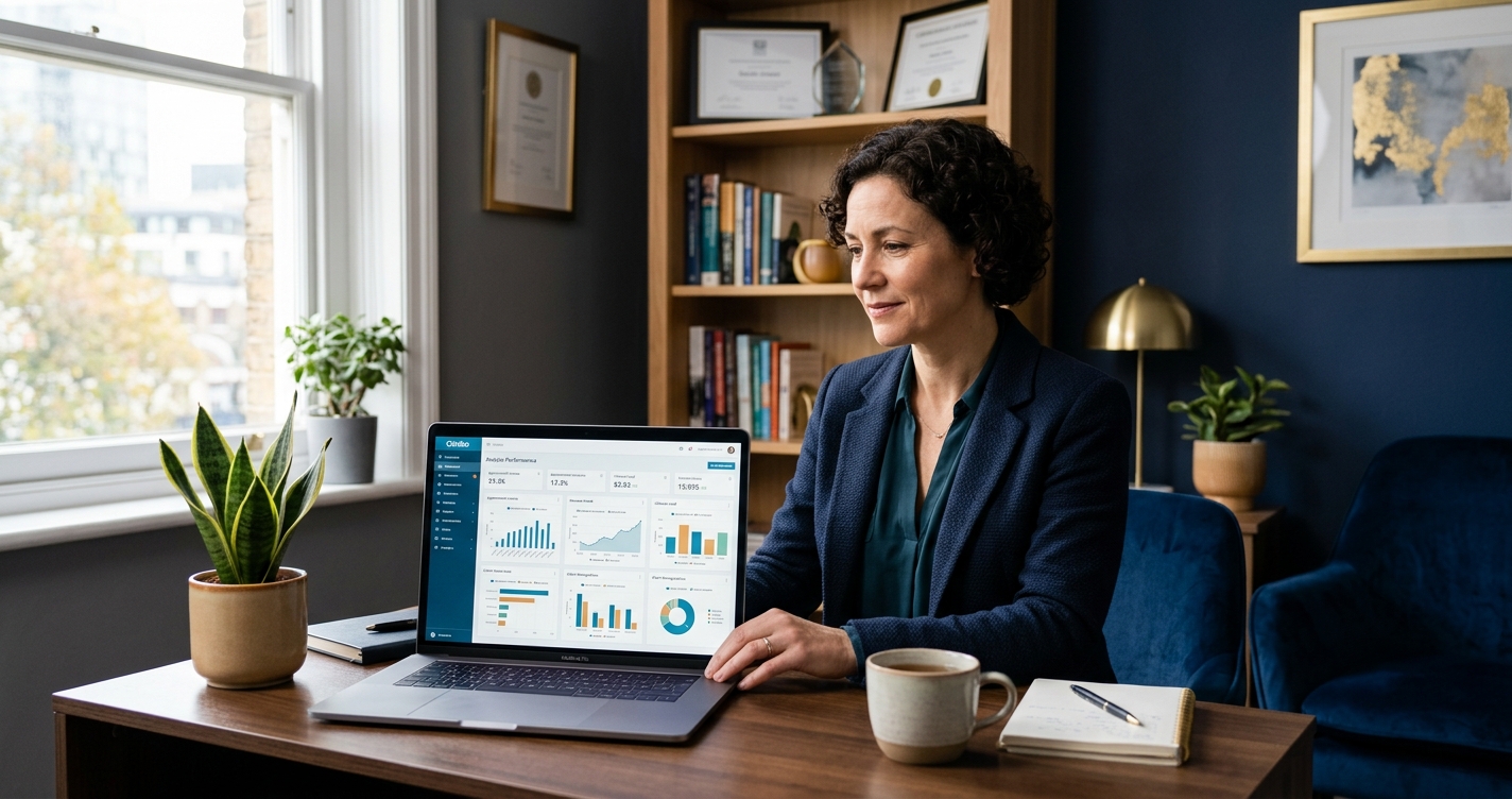 therapy practice owner reviewing Google Ads campaign data on laptop