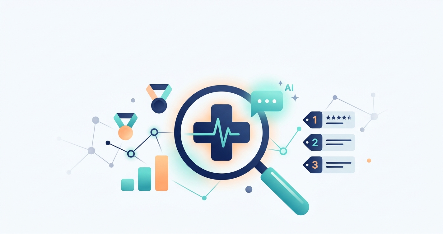 Illustration of a healthcare practice's digital visibility, showing a city skyline connected to search and AI network icon