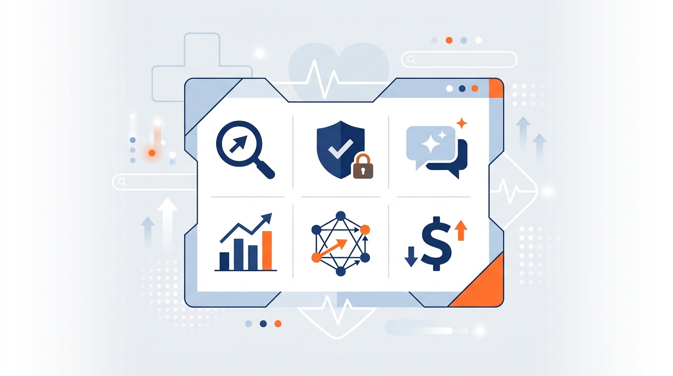 Icon grid showing six healthcare SEO agency evaluation criteria