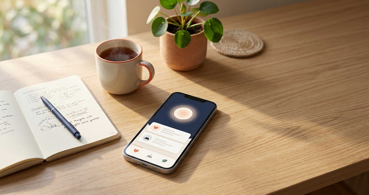 Smartphone showing a mental health app with a breathing guide, resting beside a journal and tea on a calm desk