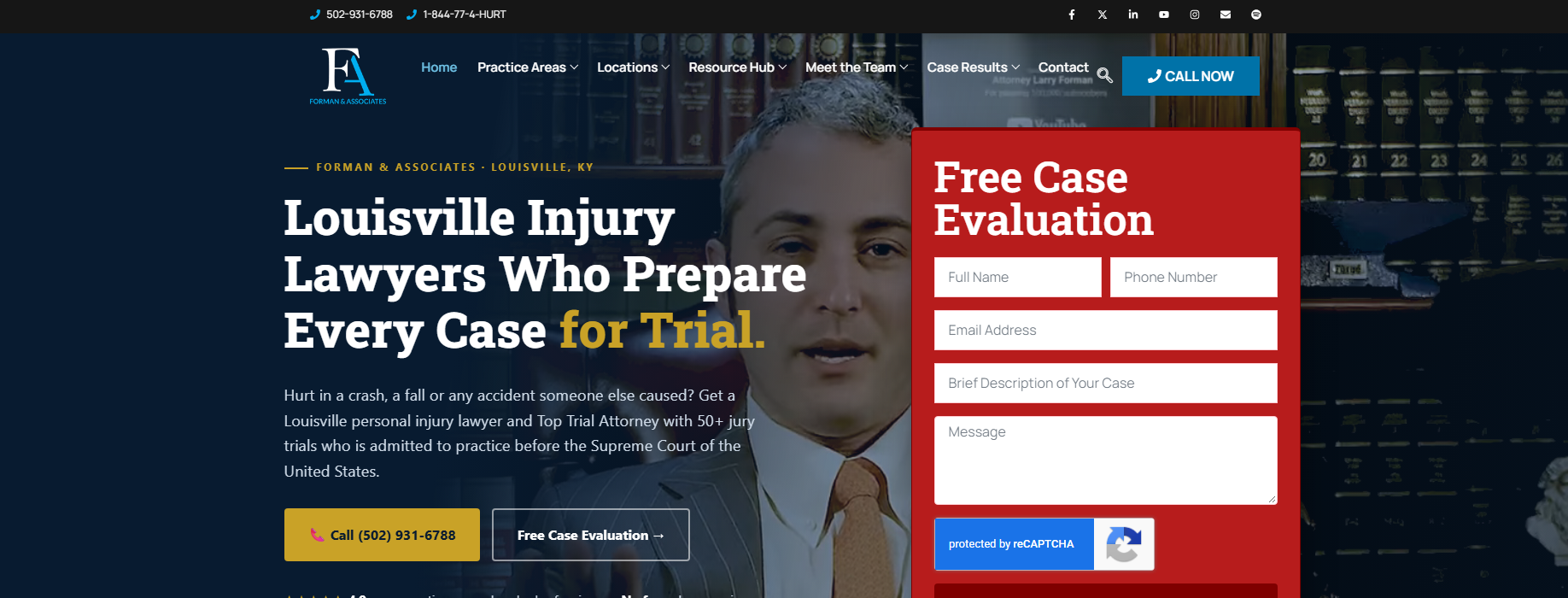 Forman & Associates homepage hero, the headline Louisville injury lawyers who prepare every case for trial