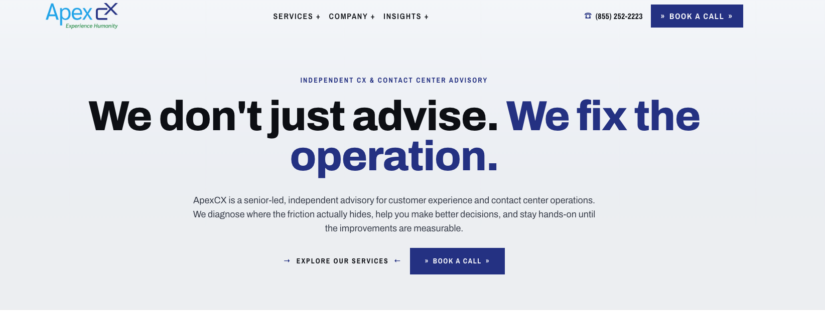 The ApexCX website, explaining that they are an independent advisory for customer experience and contact center operations.