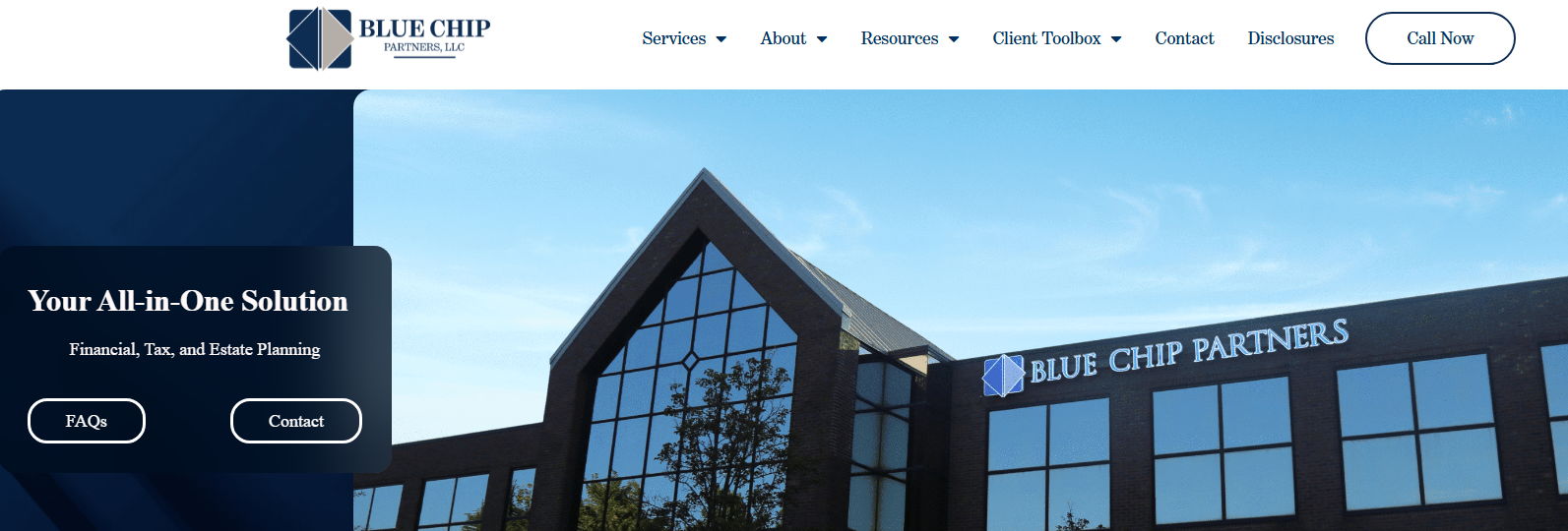 Blue Chip Partners homepage hero, the firm’s office building in Farmington Hills under a clear sky