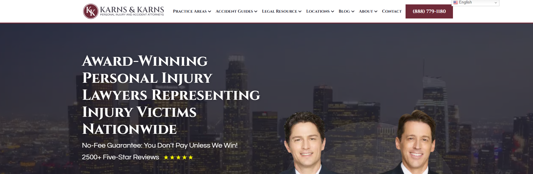 Karns and Karns homepage hero, the firm’s two attorneys over a night skyline of Los Angeles
