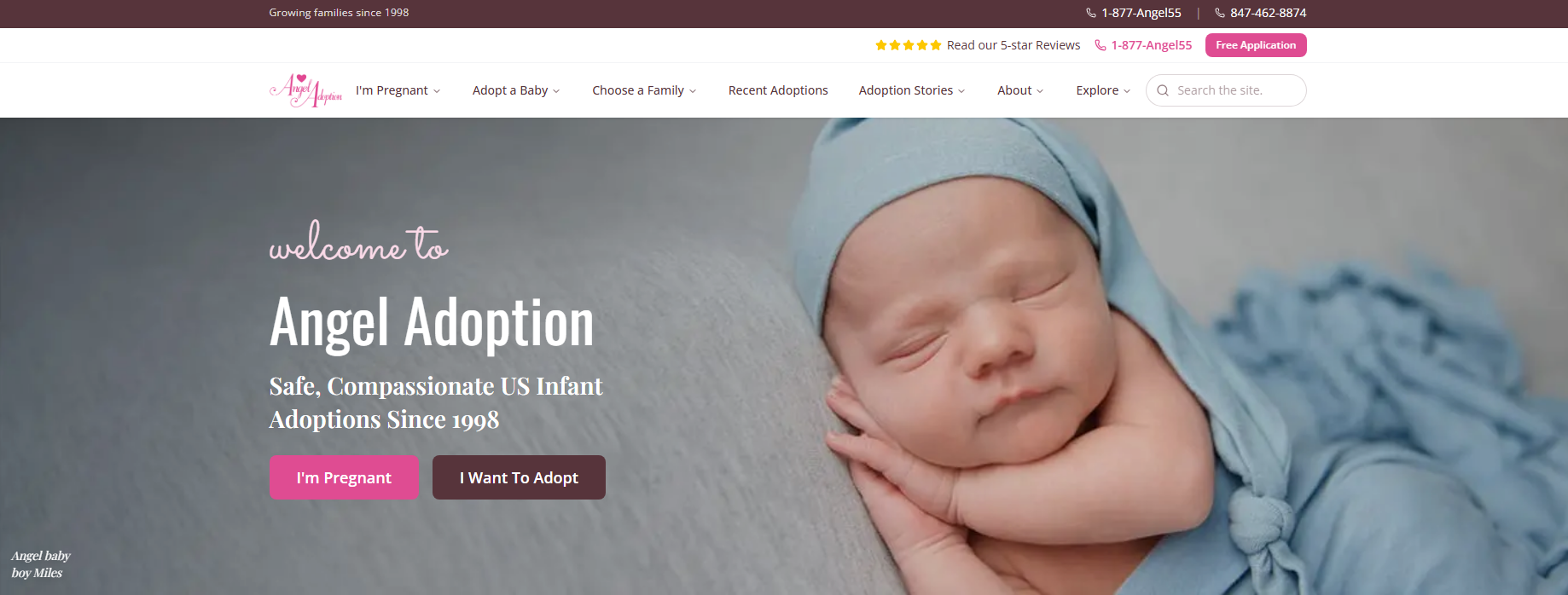 Angel Adoption homepage hero, a sleeping newborn in a blue hat beside the agency’s welcome headline