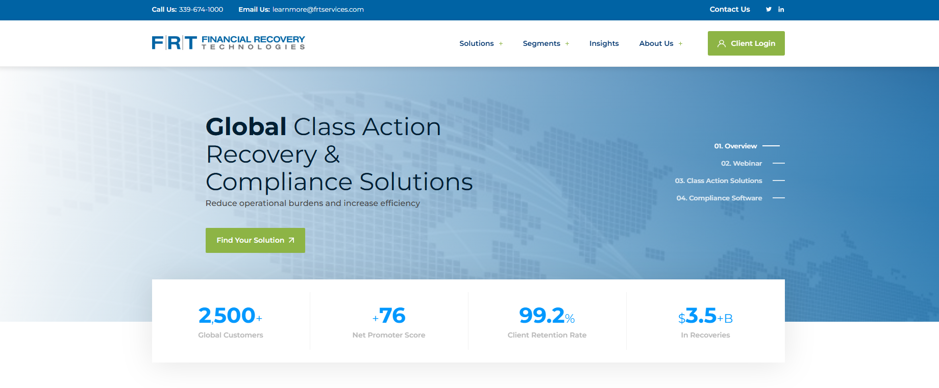 FRT homepage hero, headlined Global Class Action Recovery and Compliance Solutions over a world map