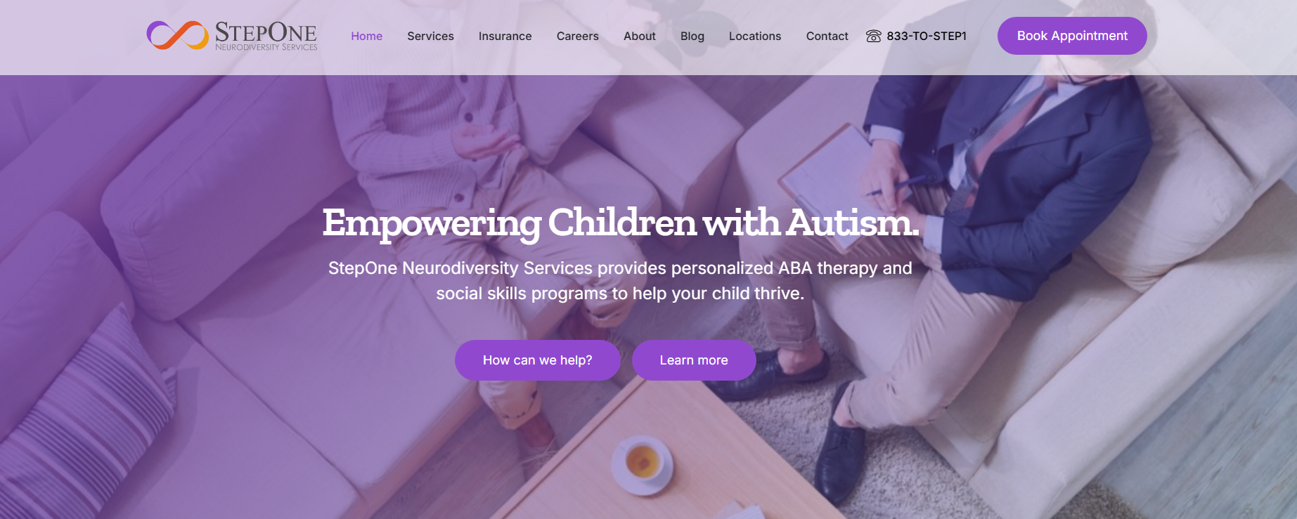StepOne Neurodiversity homepage hero, a purple-toned photo behind the headline empowering children with autism
