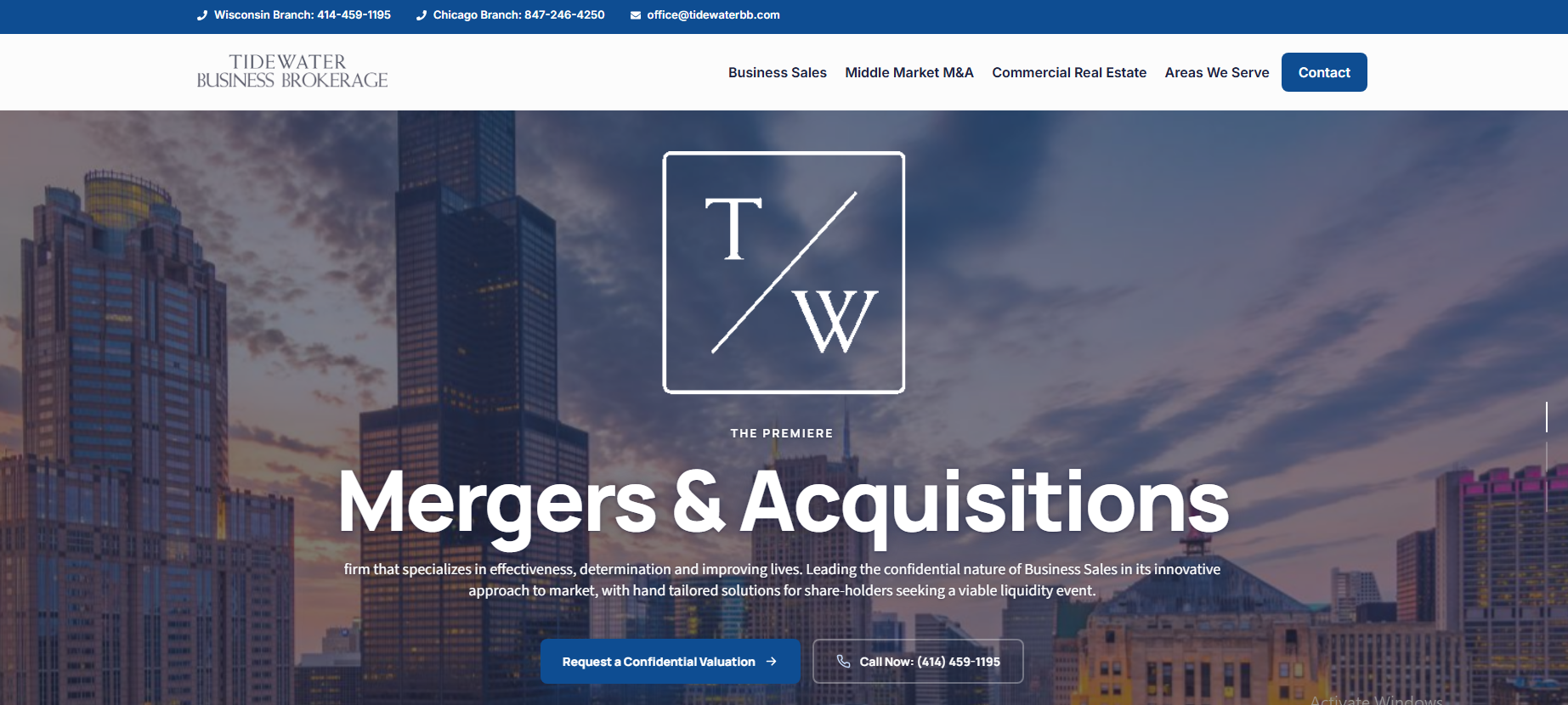 Tidewater Business Brokerage homepage hero, the TW monogram over a Chicago skyline with a mergers and acquisitions headline