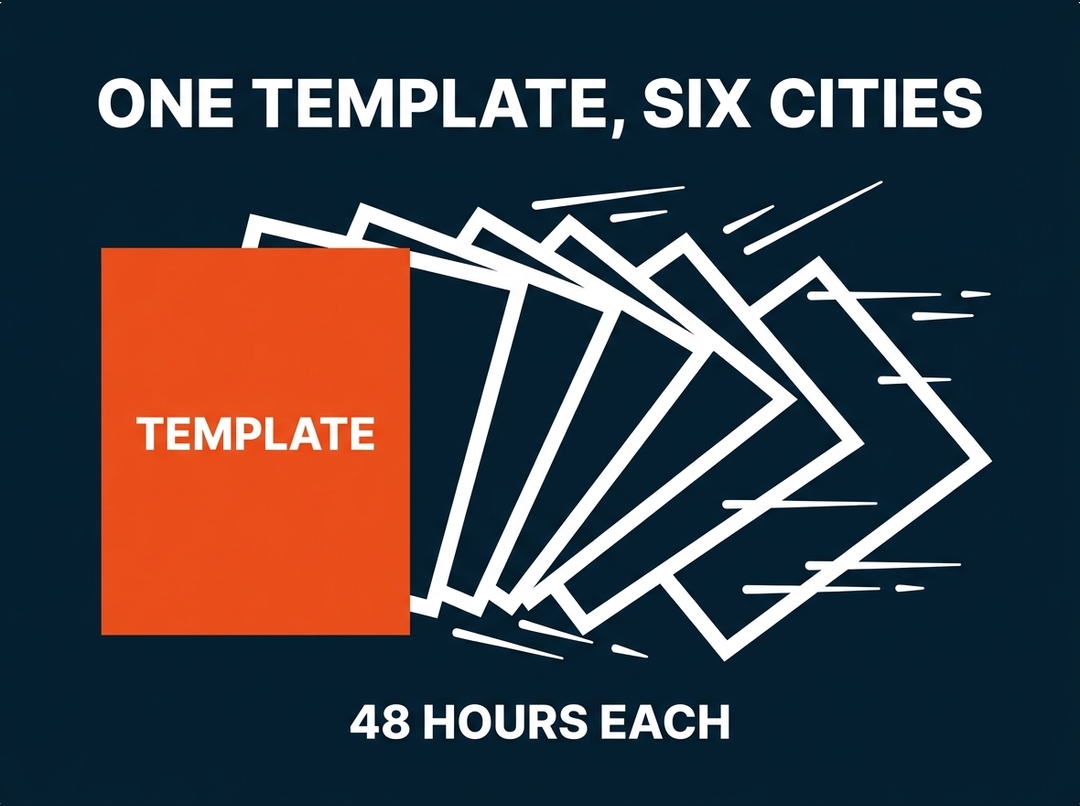 One design template reused across six Blue Chip Partners city pages, about 48 hours each after the first