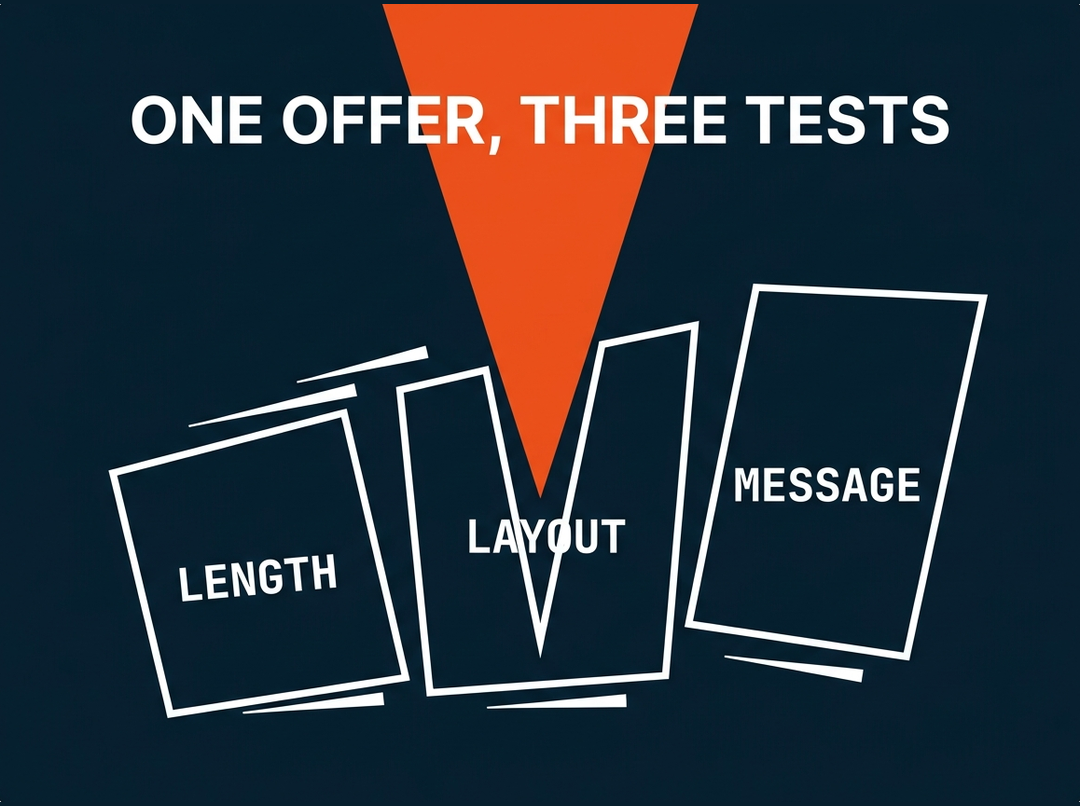 One paid offer tested three ways for Blue Chip Partners, by length, by layout and by message
