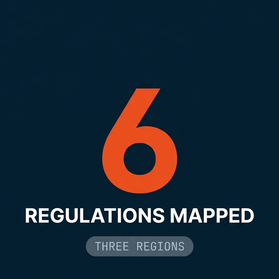 FRT regulatory map, six email regulations mapped across three regions