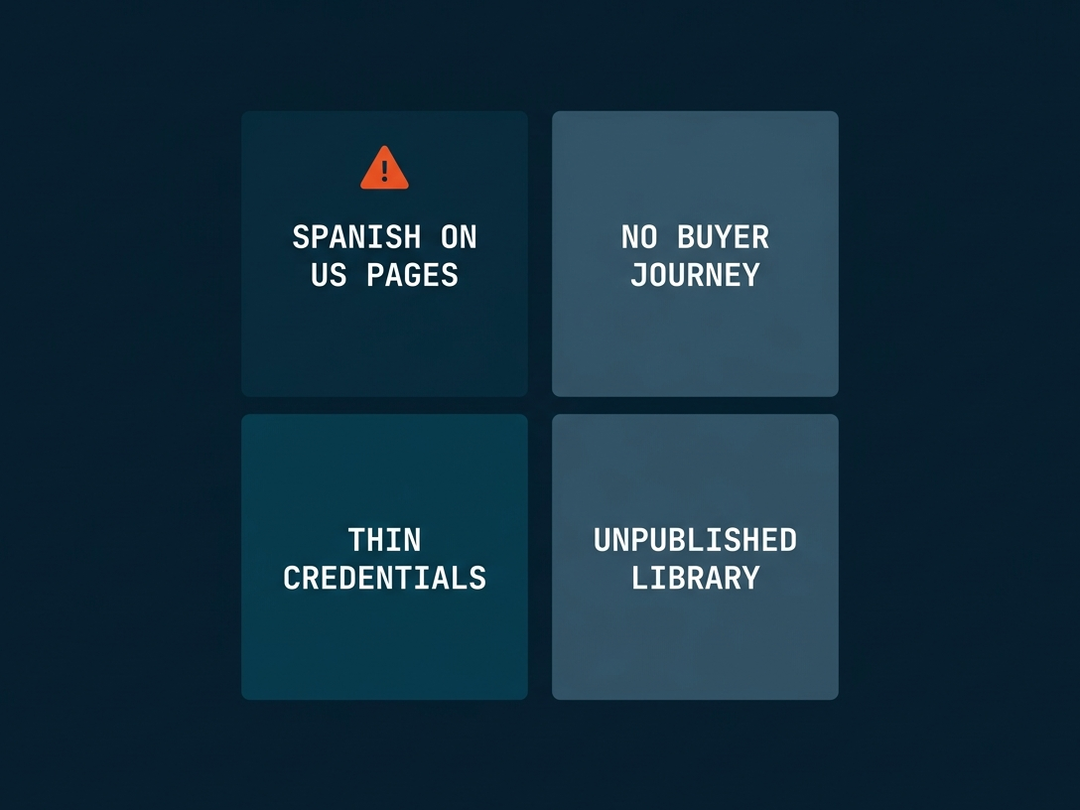 The four problems Hospital Excel faced, Spanish on US pages, no buyer journey, thin credentials and an unpublished library