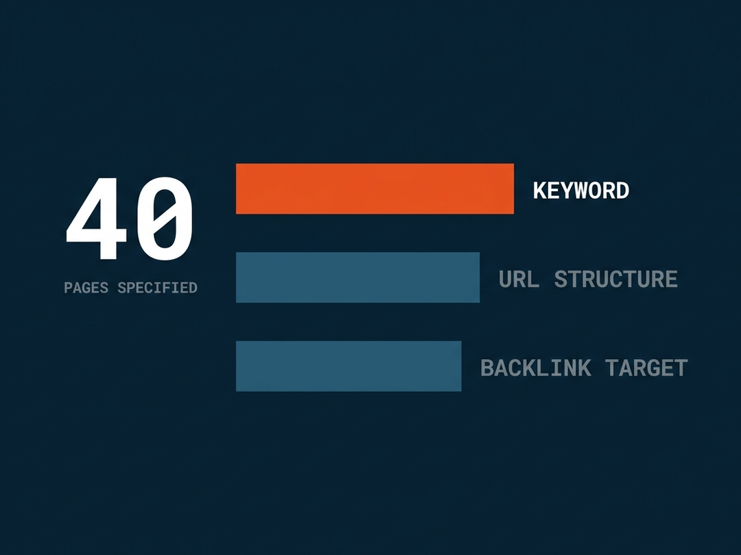 The Hospital Excel forty-page search strategy, each page given a keyword, URL structure and backlink target