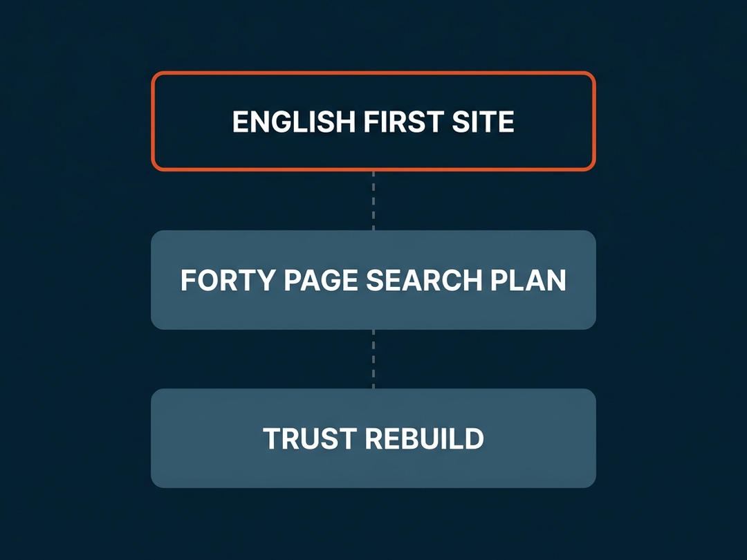 The three stages of the Hospital Excel engagement, English-first site, forty-page search plan and trust rebuild