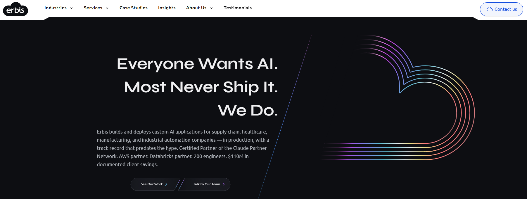 Erbis homepage hero promoting custom AI applications for supply chain, healthcare and manufacturing companies