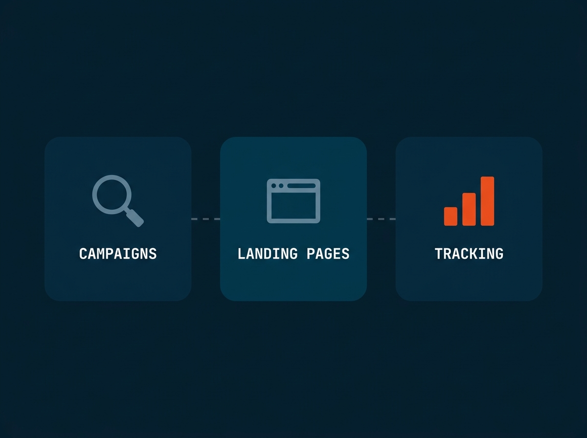 The three parts of the Karns and Karns paid search program, campaigns, landing pages and tracking