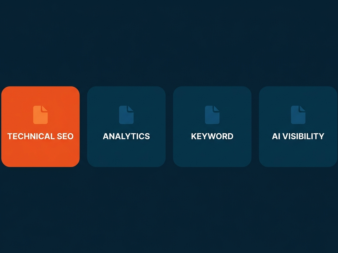 StepOne’s four month-one baselines as document cards, technical SEO, analytics, keyword, and AI visibility