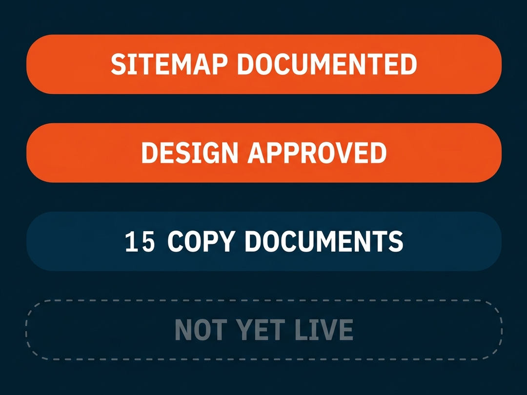 StepOne website rebuild status, sitemap documented, design approved, 15 copy documents written, launch pending