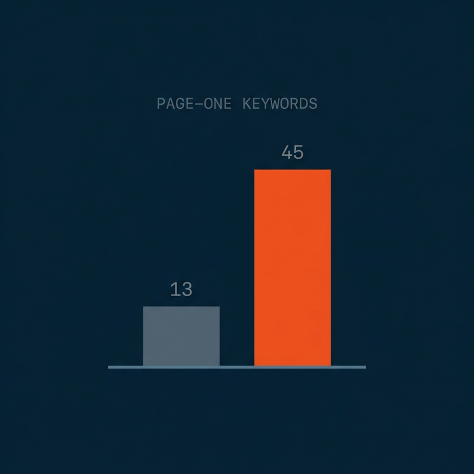 Page-one keyword records up for Tidewater, from 13 in April to 45 in August