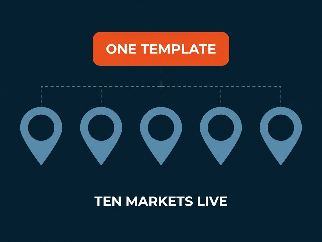 One page template branching to location pins for Tidewater, under the label ten markets live