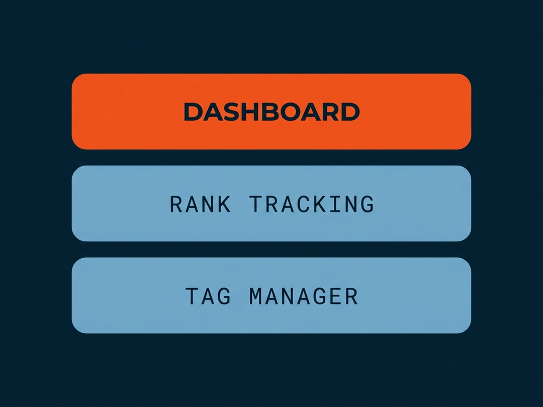 Three stacked measurement layers for Tidewater, dashboard in orange over rank tracking and tag manager