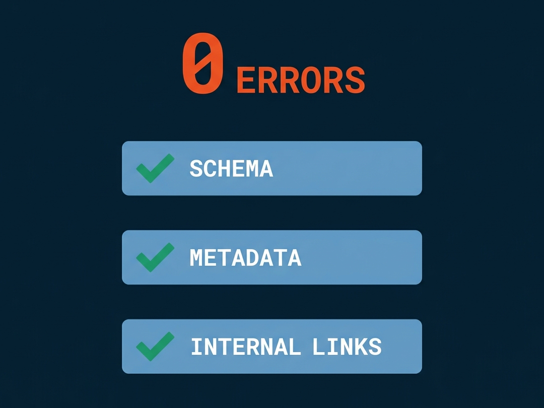 Zero errors shown over three green-checked bars for Tidewater, schema, metadata, and internal links